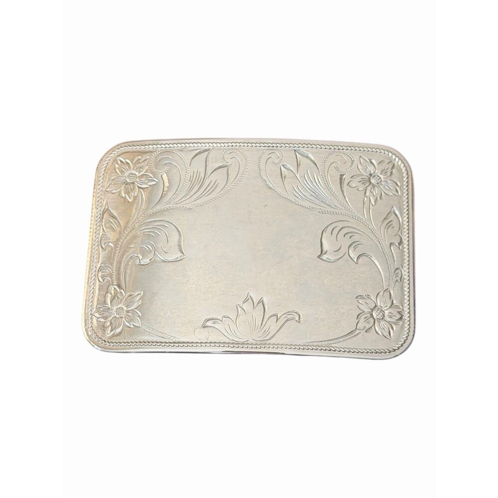 Vintage Belt Buckle Faux Silver with Flower Etching Unbranded 3 1/4 x 2”